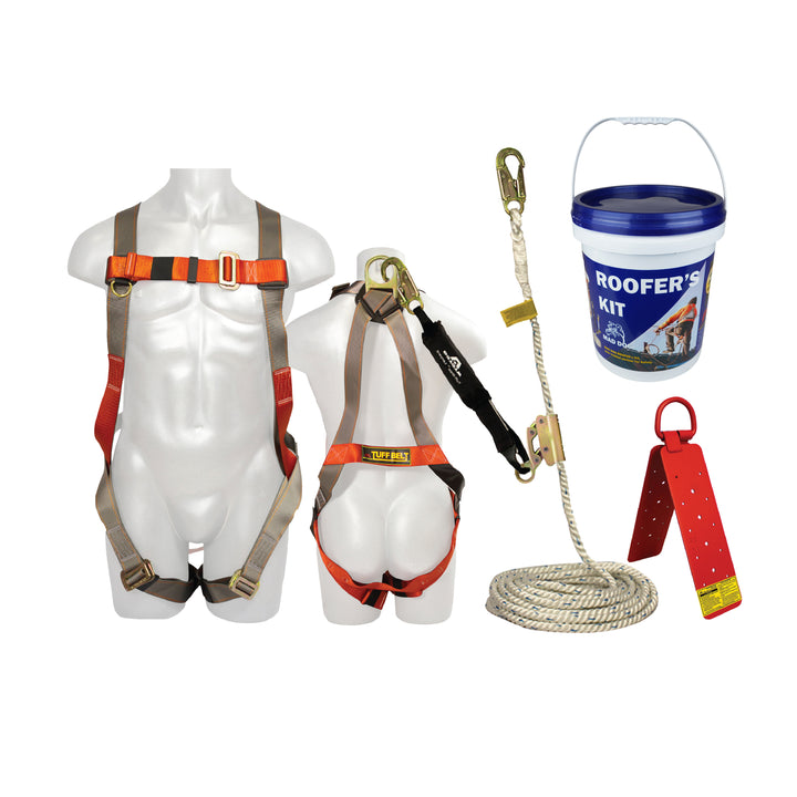 Roofer’s Kit – Full Body Fall Protection Harness with Multi-Use Anchor, Carabiner & Bucket (30ft/50ft/100ft)