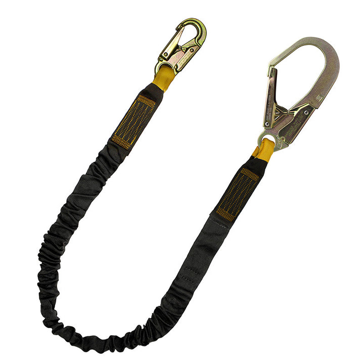 elastic shock absorbing lanyard with snap and rebar hooks