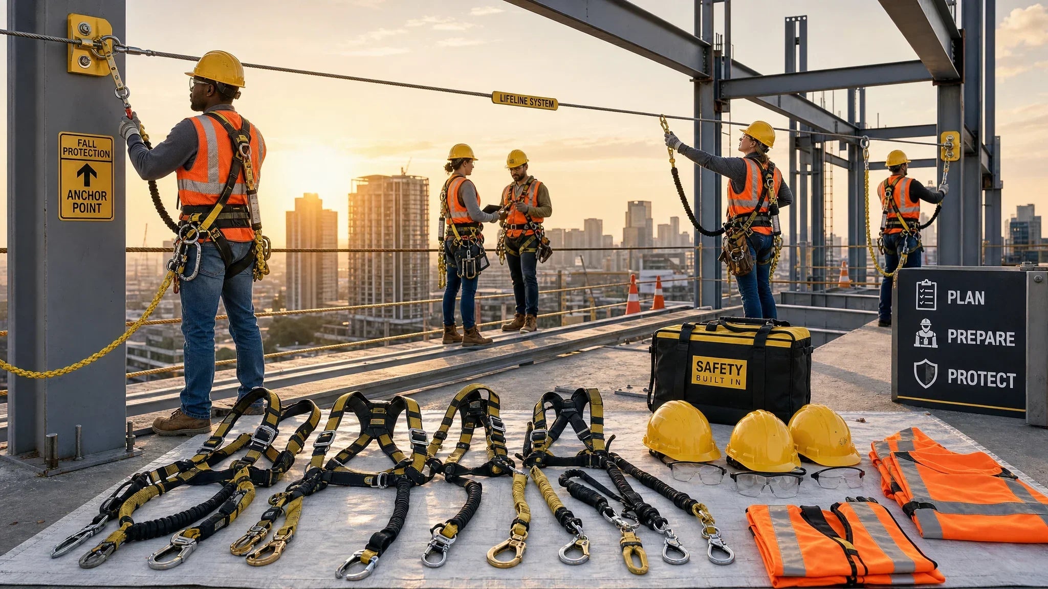 Construction crew wearing fall protection and PPE on a jobsite with organized safety equipment