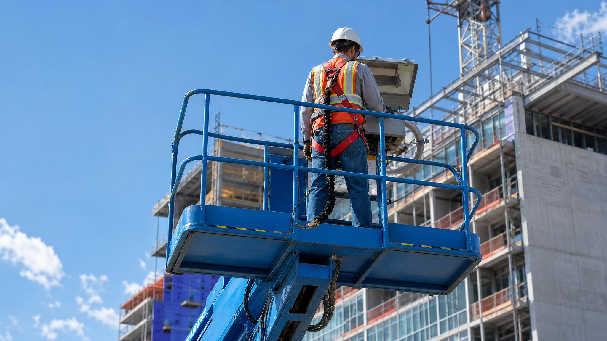 Worker in a boom lift wearing a restraint lanyard harness system for MEWP safety